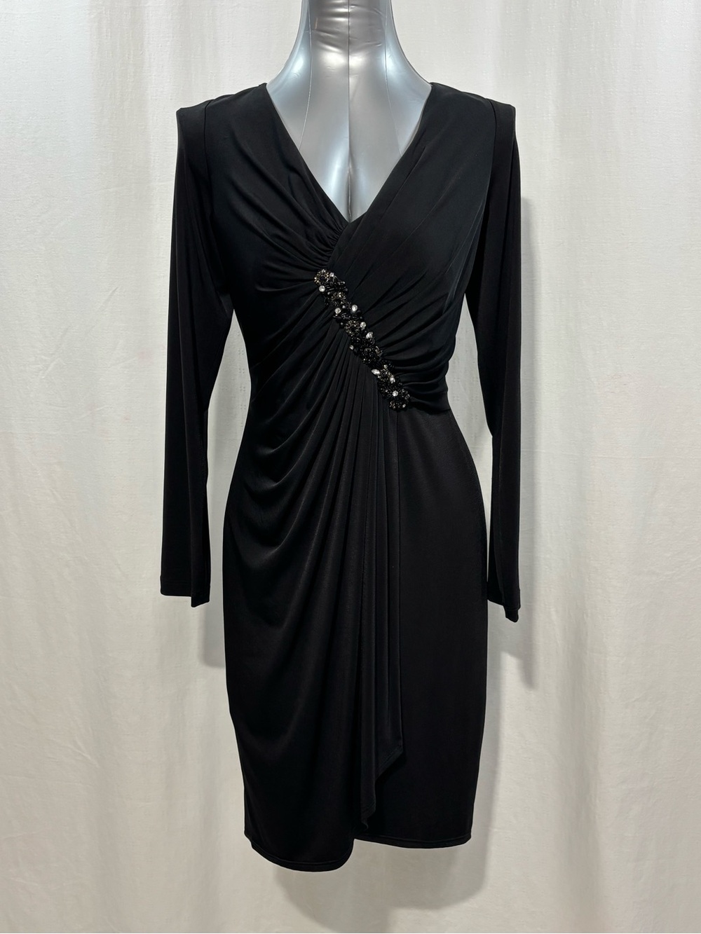 David Meister Black Long Sleeve Ruched V-Neck Dress w/ Jeweled Detail Sz14 - 506